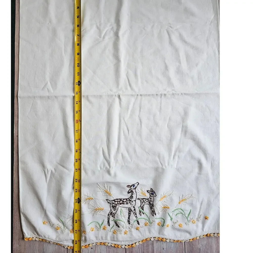Pair~DEER Fawn Vintage White Cotton Hand Embroidered Pillowcases
